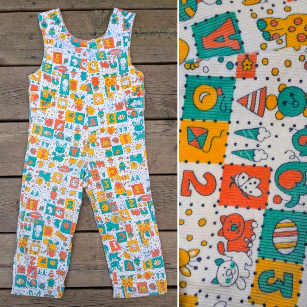 Vintage Garanimals Colorful Kids School Numbers Animal Printed Overalls Corduroy